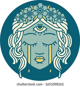 iconic tattoo style image of female face with mystic third eye crying