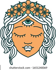 iconic tattoo style image of female face with third eye and crown of flowers