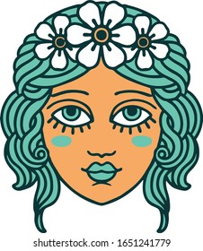 iconic tattoo style image of female face with crown of flowers