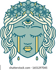 iconic tattoo style image of female face with mystic third eye crying
