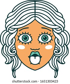 iconic tattoo style image of female face sticking out tongue