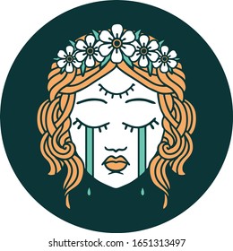 iconic tattoo style image of female face with third eye and crown of flowers cyring