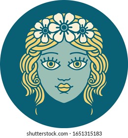 iconic tattoo style image of female face with crown of flowers