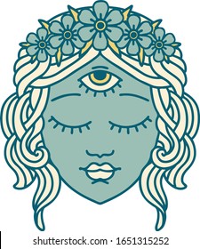 iconic tattoo style image of female face with third eye and crown of flowers