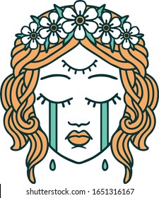 iconic tattoo style image of female face with third eye and crown of flowers cyring