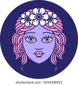 iconic tattoo style image of female face with crown of flowers in bright neon color