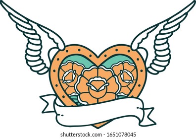 iconic tattoo style image of a flying heart with flowers and banner