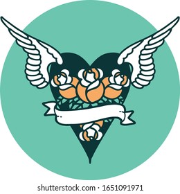iconic tattoo style image of a flying heart with flowers and banner