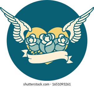 iconic tattoo style image of a flying heart with flowers and banner