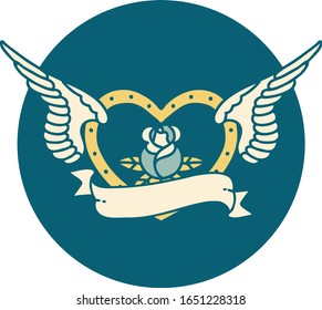 imagen icónica de un corazón volador con flores y pancarta