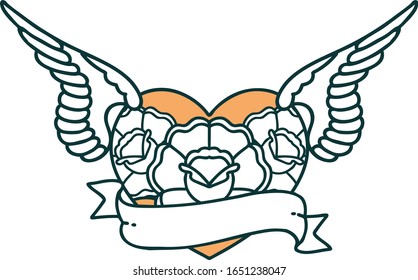 iconic tattoo style image of a flying heart with flowers and banner