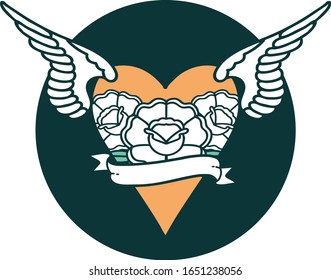 iconic tattoo style image of a flying heart with flowers and banner