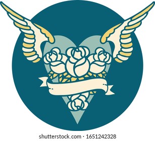 ikonisches Tattoo-Bild eines fliegenden Herzens mit Blumen und Banner