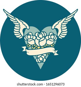 iconic tattoo style image of a flying heart with flowers and banner