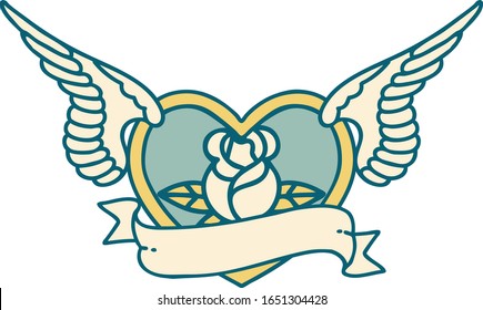iconic tattoo style image of a flying heart with flowers and banner