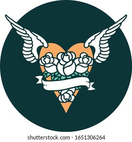 iconic tattoo style image of a flying heart with flowers and banner