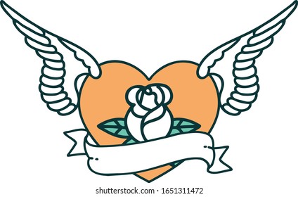 imagen icónica de un corazón volador con flores y pancarta