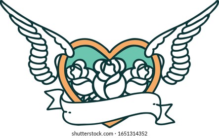 imagen icónica de un corazón volador con flores y pancarta