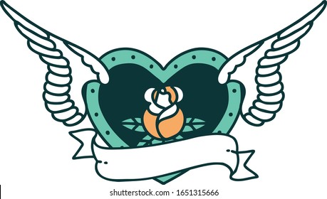 imagen icónica de un corazón volador con flores y pancarta