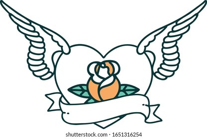 iconic tattoo style image of a flying heart with flowers and banner