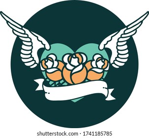iconic tattoo style image of a flying heart with flowers and banner