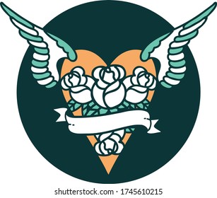 iconic tattoo style image of a flying heart with flowers and banner
