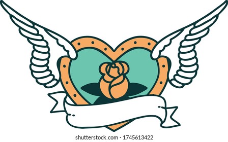 imagen icónica al estilo tatuaje de un corazón volador con flores y banner
