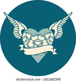 iconic tattoo style image of heart with wings flowers and banner