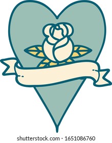 iconic tattoo style image of a heart rose and banner 