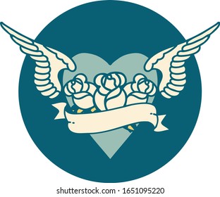 iconic tattoo style image of heart with wings flowers and banner