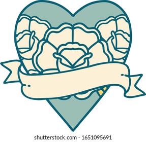 iconic tattoo style image of a heart and banner with flowers