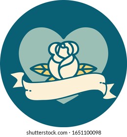 iconic tattoo style image of a heart rose and banner 