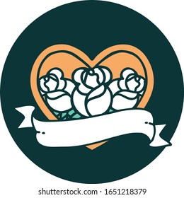 iconic tattoo style image of a heart and banner with flowers