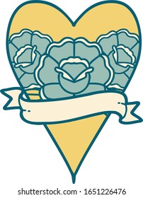 iconic tattoo style image of a heart and banner with flowers