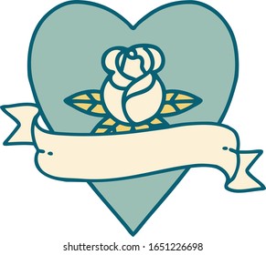 iconic tattoo style image of a heart rose and banner 