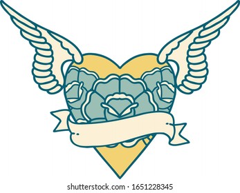 iconic tattoo style image of heart with wings flowers and banner