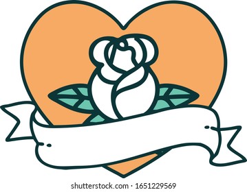 iconic tattoo style image of a heart rose and banner 