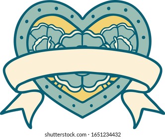 iconic tattoo style image of a heart and banner with flowers