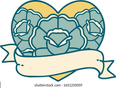 iconic tattoo style image of a heart and banner with flowers