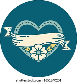 iconic tattoo style image of a heart and banner with flowers