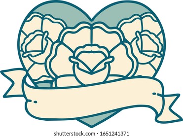 icônica tatuagem estilo imagem de um coração e banner com flores