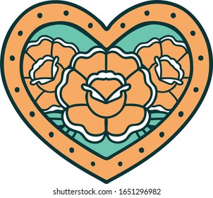 imagen de un corazón y flores al estilo de tatuaje icónico