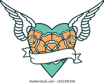 iconic tattoo style image of heart with wings flowers and banner
