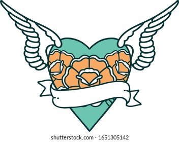 iconic tattoo style image of heart with wings flowers and banner