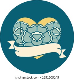 iconic tattoo style image of a heart and banner with flowers