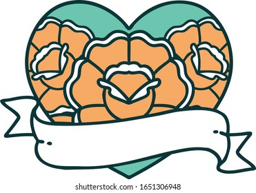 iconic tattoo style image of a heart and banner with flowers