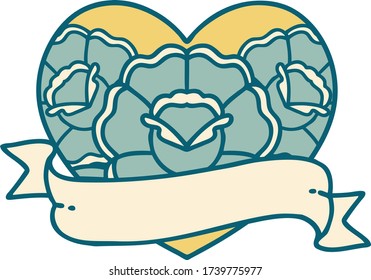 iconic tattoo style image of a heart and banner with flowers