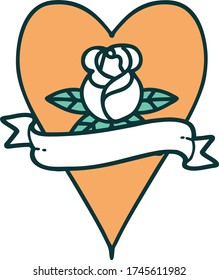 iconic tattoo style image of a heart rose and banner 