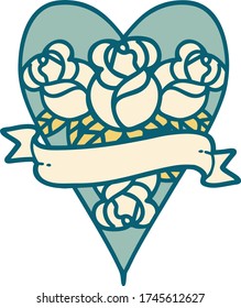 iconic tattoo style image of a heart and banner with flowers