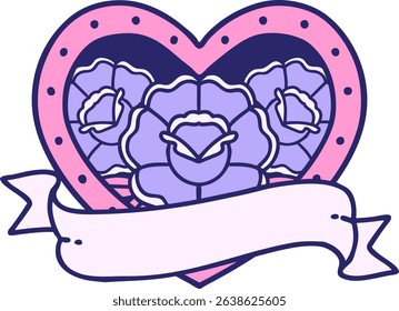 iconic tattoo style image of a heart and banner with flowers in bright neon colors